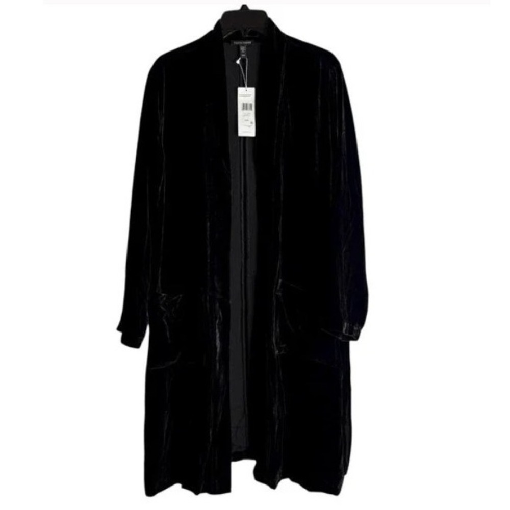 Eileen Fisher Womens Medium Black Velvet Open Front Long Jacket NWT